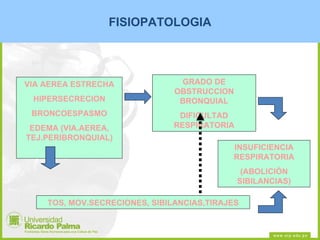 VIA AEREA ESTRECHA HIPERSECRECION BRONCOESPASMO EDEMA (VIA.AEREA, TEJ.PERIBRONQUIAL) GRADO DE OBSTRUCCION BRONQUIAL DIFICULTAD RESPIRATORIA TOS, MOV.SECRECIONES, SIBILANCIAS,TIRAJES INSUFICIENCIA RESPIRATORIA (ABOLICIÓN SIBILANCIAS) FISIOPATOLOGIA 