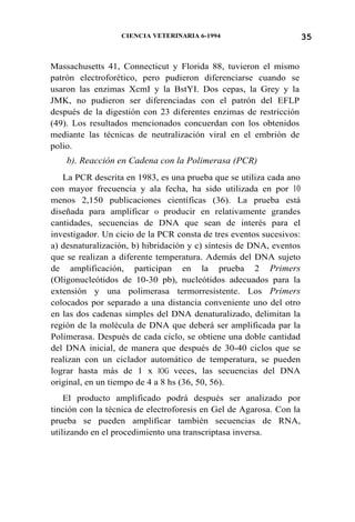 35CIENCIA VETERINARIA 6-1994
Massachusetts 41, Connecticut y Florida 88, tuvieron el mismo
patrón electroforético, pero pudieron diferenciarse cuando se
usaron las enzimas XcmI y la BstYI. Dos cepas, la Grey y la
JMK, no pudieron ser diferenciadas con el patrón del EFLP
después de la digestión con 23 diferentes enzimas de restricción
(49). Los resultados mencionados concuerdan con los obtenidos
mediante las técnicas de neutralización viral en el embrión de
polio.
b). Reacción en Cadena con la Polimerasa (PCR)
La PCR descrita en 1983, es una prueba que se utiliza cada ano
con mayor frecuencia y ala fecha, ha sido utilizada en por 10
menos 2,150 publicaciones científicas (36). La prueba está
diseñada para amplificar 0 producir en relativamente grandes
cantidades, secuencias de DNA que sean de interés para el
investigador. Un cicio de la PCR consta de tres eventos sucesivos:
a) desnaturalización, b) hibridación y c) síntesis de DNA, eventos
que se realizan a diferente temperatura. Además del DNA sujeto
de amplificación, participan en la prueba 2 Primers
(Oligonucleótidos de 10-30 pb), nucleótidos adecuados para la
extensión y una polimerasa termorresistente. Los Primers
colocados por separado a una distancia conveniente uno del otro
en las dos cadenas simples del DNA denaturalizado, delimitan la
región de la molécula de DNA que deberá ser amplificada par la
Polimerasa. Después de cada ciclo, se obtiene una doble cantidad
del DNA inicial, de manera que después de 30-40 ciclos que se
realizan con un ciclador automático de temperatura, se pueden
lograr hasta más de 1 x lOG veces, las secuencias del DNA
original, en un tiempo de 4 a 8 hs (36, 50, 56).
El producto amplificado podrá después ser analizado por
tinción con la técnica de electroforesis en Gel de Agarosa. Con la
prueba se pueden amplificar también secuencias de RNA,
utilizando en el procedimiento una transcriptasa inversa.
 
