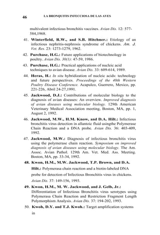 LA BRONQUITIS INFECCIOSA DE LAS AVES46
multivalent infectious bronchitis vaccines. Avian Dis. 12: 577-
584,1968.
41. Winterfield, R.W., and S.B. Hitchner.: Etiology of an
infectious nephritis-nephrosis syndrome of chickens. Am. J.
Vet. Res. 23: 1273-1279, 1962.
42. Purchase, H.G.: Future applications of biotechnology in
poultry. Avian Dis. 30(1): 47-59, 1986.
43. Purchase, H.G.: Practical applications of nucleic acid
techniques to avian disease. Avian Dis. 33: 609-614, 1989.
44. Heras, H.: In situ hybridization of nucleic acids: technology
and future perspectives. Proceedings of the 40th Western
Poultry Disease Conference. Acapulco, Guerrero, Mexico, pp.
221-226, Abril 24-27,1991.
45. Jackwood, D.J.: Contributions of molecular biology to the
diagnosis of avian diseases: An overview. Improved diagnosis
of avian diseases using molecular biology. 129th American
Veterinary Medical Association meeting, Boston, MA, pp. 1,
August 2, 1992.
46. Jackwood, M.W., H.M. Know, and D.A. Hilt.: Infectious
bronchitis virus detection in allantoic fluid usingthe Polymerase
Chain Reaction and a DNA probe. Avian Dis. 36: 403-409,
1992.
47. Jackwood, M.W.: Diagnosis of infectious bronchitis virus
using the polymerase chain reaction. Symposium on improved
diagnosis of avian diseases using molecular biology. The Am.
Assoc. Avian Pathol. 129th Am. Vet. Med. Ass. Meeting.
Boston, MA, pp. 33-34, 1992.
48. Kwon, H.M., M.W. Jackwood, T.P. Brown, and D.A.
Hilt.: Polymerasa chain reaction and a biotin-labeled DNA
probe for detection of Infectious Bronchitis virus in chickens.
Avian Dis. 37: 149-156, 1993.
49. Kwon, H.M., M. W. Jackwood, and J. Gelb, Jr.:
Differentiation of Infectious Bronchitis virus serotypes using
Polymerasa Chain Reaction and Restriction Fragment Length
Polymorphism Analysis. Avian Dis. 37: 194-202, 1993.
50. Kwoh, D.Y. and T.J. Kwoh.: Target amplification systems
in
 
