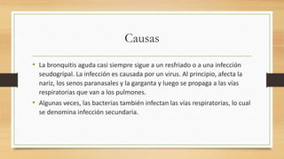 Causas 
• La bronquitis aguda casi siempre sigue a un resfriado o a una infección 
seudogripal. La infección es causada por un virus. Al principio, afecta la 
nariz, los senos paranasales y la garganta y luego se propaga a las vías 
respiratorias que van a los pulmones. 
• Algunas veces, las bacterias también infectan las vías respiratorias, lo cual 
se denomina infección secundaria. 
 