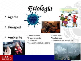 Etiología
• Agente
• Huésped
• Ambiente
*Otoño-invierno *Climas fríos
*El hacinamiento *Insalubridad
*Guarderías *Contaminación ambiental
*Tabaquismo activo o pasivo
 