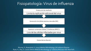 Control de la infección
Aparecen numerosas CélulasT Citotóxicas (MHC I)
Lisis de las células infectadas por virus
Generación de células asesinas naturales (NK)
Producción de interferón
Limita la replicación adicional del virus
Murray, P., Rosenthal, K. (2013) Medical Microbiology (7th edition) Elsevier.
Ryan, K., Ray, G. (2010) Sherris Medical Microbiology (5th edition) McGraw-Hill: NewYork.
 