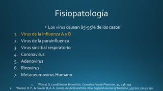 1. Virus de la influenza A y B
1. Worral, G. (2008) Acute Bronchitis. Canadian Family Physician, 54, 238-239.
2. Wenzel, R. P., & Fowler III, A. A. (2006). Acute bronchitis. New England Journal of Medicine, 355(20), 2125-2130.
 