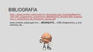 BIBLIOGRAFIA
http://www.cenetec.salud.gob.mx/descargas/gpc/CatalogoMaestro/
189_GPC_Diagnostico_tratamiento_BRONQUITIS_AGUDA/RER_Diagnos
tico_y_tratamiento_de_Bronquitis_aguda.pdf
www.cenetec.salud.gob.mx/...BRONQUITIS.../GRR_Diagnostico_y_trat
amiento_de_.
 