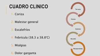 CUADRO CLINICO Tos seca
Viscosa
Copiosas
Mucoide
Mucopurulenta
1. Coriza
2. Malestar general
3. Escalofríos
4. Febrícula (38.3 a 38.8°C)
5. Mialgias
6. Dolor garganta
 