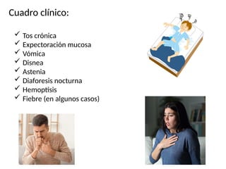 Cuadro clínico:
 Tos crónica
 Expectoración mucosa
 Vómica
 Disnea
 Astenia
 Diaforesis nocturna
 Hemoptisis
 Fiebre (en algunos casos)
 