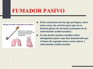 FUMADOR PASIVO
Estas sustancias son las que protegen, entre
otras cosas, las arterias para que no se
formen placas de ateroma (causantes de la
enfermedad cardiovascular).
Se han hecho muchos estudios sobre
tabaquismo pasivo que han demostrado que
el humo de segunda mano causa cáncer y
enfermedad cardiovascular.
 