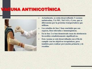 VACUNA ANTINICOTÍNICA
 Actualmente, se están desarrollando 3 vacunas
antinicotina, TA-NIC, NicVAX y Cytos, que se
diferencian por la proteína transportadora que
utilizan.
 Los estudios de fase 1 han concluido que son
seguras, bien toleradas e inmunogénicas.
 En la fase 2 se han demostrado tasas de abstinencia
favorables estadísticamente significativas.
 Esta vacuna se está desarrollando con el fin de
cumplir con los objetivos terapéuticos, pero
también para realizar prevención primaria y de
recaídas.
 