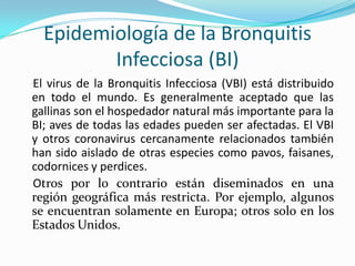 Epidemiología de la Bronquitis Infecciosa (BI)    El virus de la Bronquitis Infecciosa (VBI) está distribuido en todo el mundo. Es generalmente aceptado que las gallinas son el hospedador natural más importante para la BI; aves de todas las edades pueden ser afectadas. El VBI y otros coronavirus cercanamente relacionados también han sido aislado de otras especies como pavos, faisanes, codornices y perdices.     Otros por lo contrario están diseminados en una región geográfica más restricta. Por ejemplo, algunos se encuentran solamente en Europa; otros solo en los Estados Unidos.