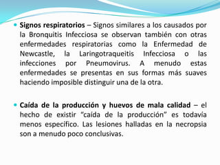 Signos respiratorios – Signos similares a los causados por la Bronquitis Infecciosa se observan también con otras enfermedades respiratorias como la Enfermedad de Newcastle, la Laringotraqueitis Infecciosa o las infecciones por Pneumovirus. A menudo estas enfermedades se presentas en sus formas más suaves haciendo imposible distinguir una de la otra. Caída de la producción y huevos de mala calidad – el hecho de existir “caída de la producción” es todavía menos específico. Las lesiones halladas en la necropsia son a menudo poco conclusivas. 