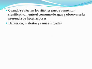 Cuando se afectan los riñones puede aumentar significativamente el consumo de agua y observarse la presencia de heces acuosas Depresión, malestar y camas mojadas 