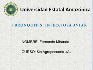 Universidad Estatal Amazónica
 BRONQUITIS INFECCIOSA AV I A R
NOMBRE: Fernando Miranda
CURSO: 6to Agropecuaria «A»
 