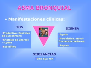 Su presentación general es antes de los 40 añosHeterogéneaFactores genéticos25 genes se han asociado con el asma en al menos 5 poblaciones diferentes , entre ellos encontramos: IL-10, IL-4, IL-13, CD14, TNF Y Receptor BETA 2 Adrenérgico.
