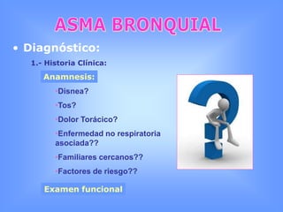 ASMA BRONQUIALEtiología y epidemiologíaEstacionalesNo estacionalesAlergenosAINESColorantesAntagonistas ßSulfitantesFármacos