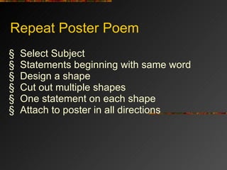 Repeat Poster Poem Select Subject Statements beginning with same word Design a shape Cut out multiple shapes One statement on each shape Attach to poster in all directions 