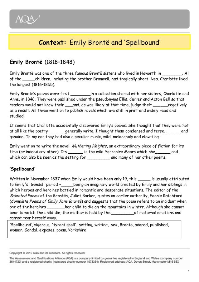 spellbound by emily bronte essay · please help me analyze the poem spellbound by emily bronte please analyze it thoroughly so i can understand the meaning of the poem thank you :. spellbound by emily bronte essay · please help me analyze the poem spellbound by emily bronte please analyze it thoroughly so i can understand the meaning of the poem thank you :.