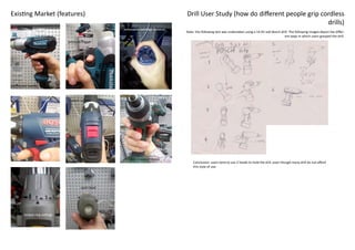 Existing Market (features)                                                          Drill User Study (how do different people grip cordless
                                                                                                                                     drills)
                                                      removable cartridge battery
                                                                                    Note: the following test was undertaken using a 14.4V volt Bosch drill. The following images depict the differ-
                                                                                                                                                       ent ways in which users grasped the drill.
                               pressure trigger




overmould handle



                                speed control




                                                          drill direction switch
                                                                                        Conclusion: users tend to use 2 hands to hold the drill ,even though many drill do not afford
                                                                                        this style of use.




                                       spirit level




        torque ring settings
 