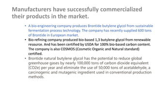 • A bio-engineering company produces Brontide butylene glycol from sustainable
fermentation process technology. The company has recently supplied 600 tons
of Brontide in European market.
• Bio-refining company produced bio-based 1,3 butylene glycol from renewable
resource. And has been certified by USDA for 100% bio-based carbon content.
The company is also COSMOS (Cosmetic Organic and Natural standard)
certified.
• Brontide natural butylene glycol has the potential to reduce global
greenhouse gases by nearly 100,000 tons of carbon dioxide equivalent
(CO2e) per year and eliminate the use of 50,000 tons of acetaldehyde, a
carcinogenic and mutagenic ingredient used in conventional production
methods.
 
