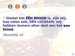 17
Omdat het ÉÉN BROODÉÉN BROOD is, zijn wij,
hoe velen ook, ÉÉN LICHAAM; wij
hebben immers allen deel aan het eneene
broodbrood.
1Korinthe 10
1 2 3
11
 