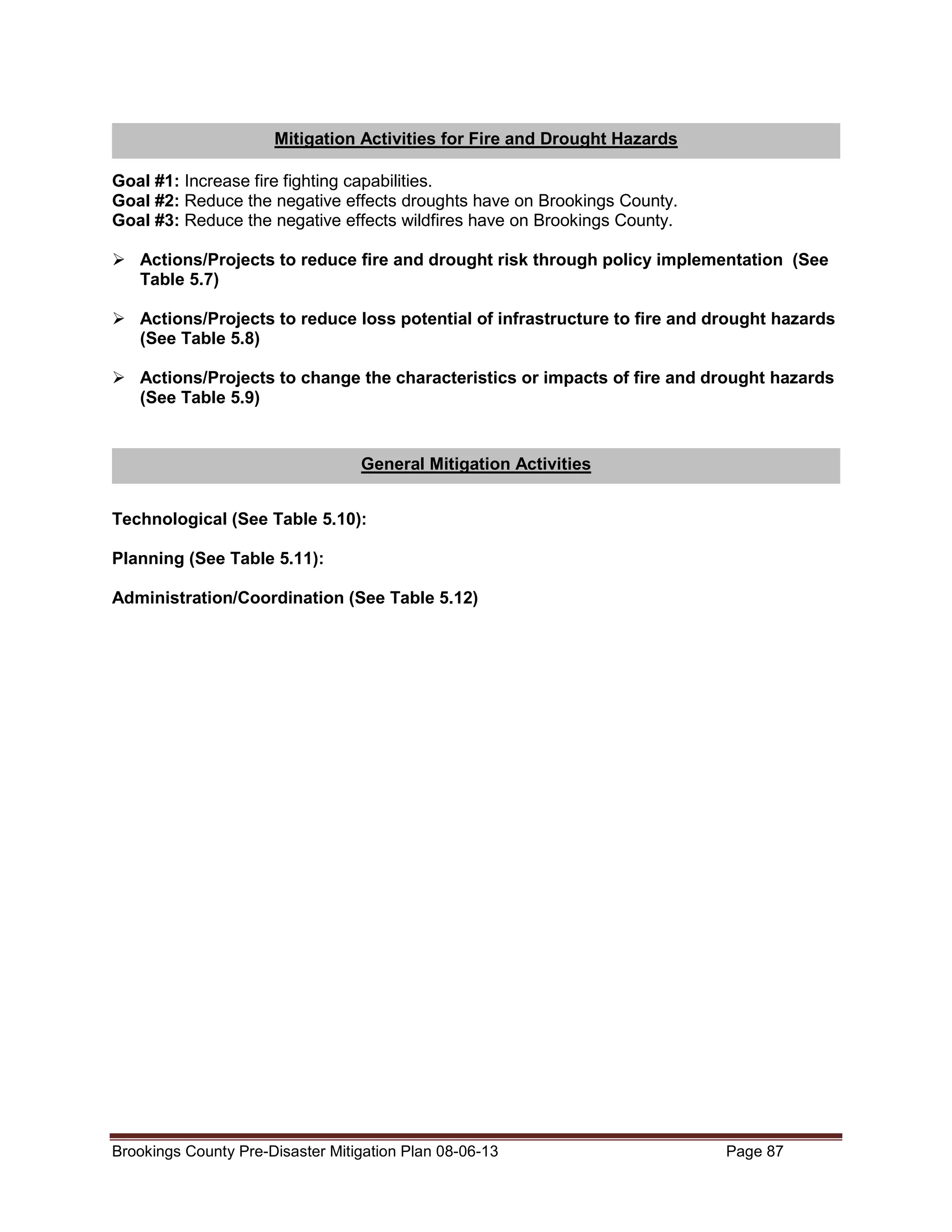 Mitigation Activities for Fire and Drought Hazards
Goal #1: Increase fire fighting capabilities.
Goal #2: Reduce the negative effects droughts have on Brookings County.
Goal #3: Reduce the negative effects wildfires have on Brookings County.
Actions/Projects to reduce fire and drought risk through policy implementation (See
Table 5.7)
Actions/Projects to reduce loss potential of infrastructure to fire and drought hazards
(See Table 5.8)
Actions/Projects to change the characteristics or impacts of fire and drought hazards
(See Table 5.9)

General Mitigation Activities
Technological (See Table 5.10):
Planning (See Table 5.11):
Administration/Coordination (See Table 5.12)

Brookings County Pre-Disaster Mitigation Plan 08-06-13

Page 87

 