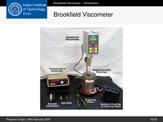 Brookﬁeld Viscometer - Introduction
Brookﬁeld Viscometer
Priyansh Singh | 16th February 2016 16/33
 