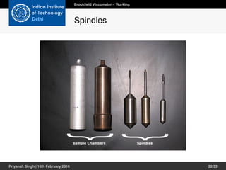 Brookﬁeld Viscometer - Working
Spindles
Priyansh Singh | 16th February 2016 22/33
 