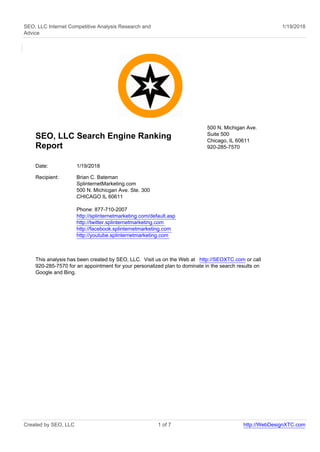 SEO, LLC Internet Competitive Analysis Research and
Advice
1/19/2018
SEO, LLC Search Engine Ranking
Report
500 N. Michigan Ave.
Suite 500
Chicago, IL 60611
920-285-7570
Date: 1/19/2018
Recipient: Brian C. Bateman
SplinternetMarketing.com
500 N. Michicgan Ave. Ste. 300
CHICAGO IL 60611
Phone: 877-710-2007
http://splinternetmarketing.com/default.asp
http://twitter.splinternetmarketing.com
http://facebook.splinternetmarketing.com
http://youtube.splinternetmarketing.com
This analysis has been created by SEO, LLC. Visit us on the Web at http://SEOXTC.com or call
920-285-7570 for an appointment for your personalized plan to dominate in the search results on
Google and Bing.
Created by SEO, LLC 1 of 7 http://WebDesignXTC.com
 