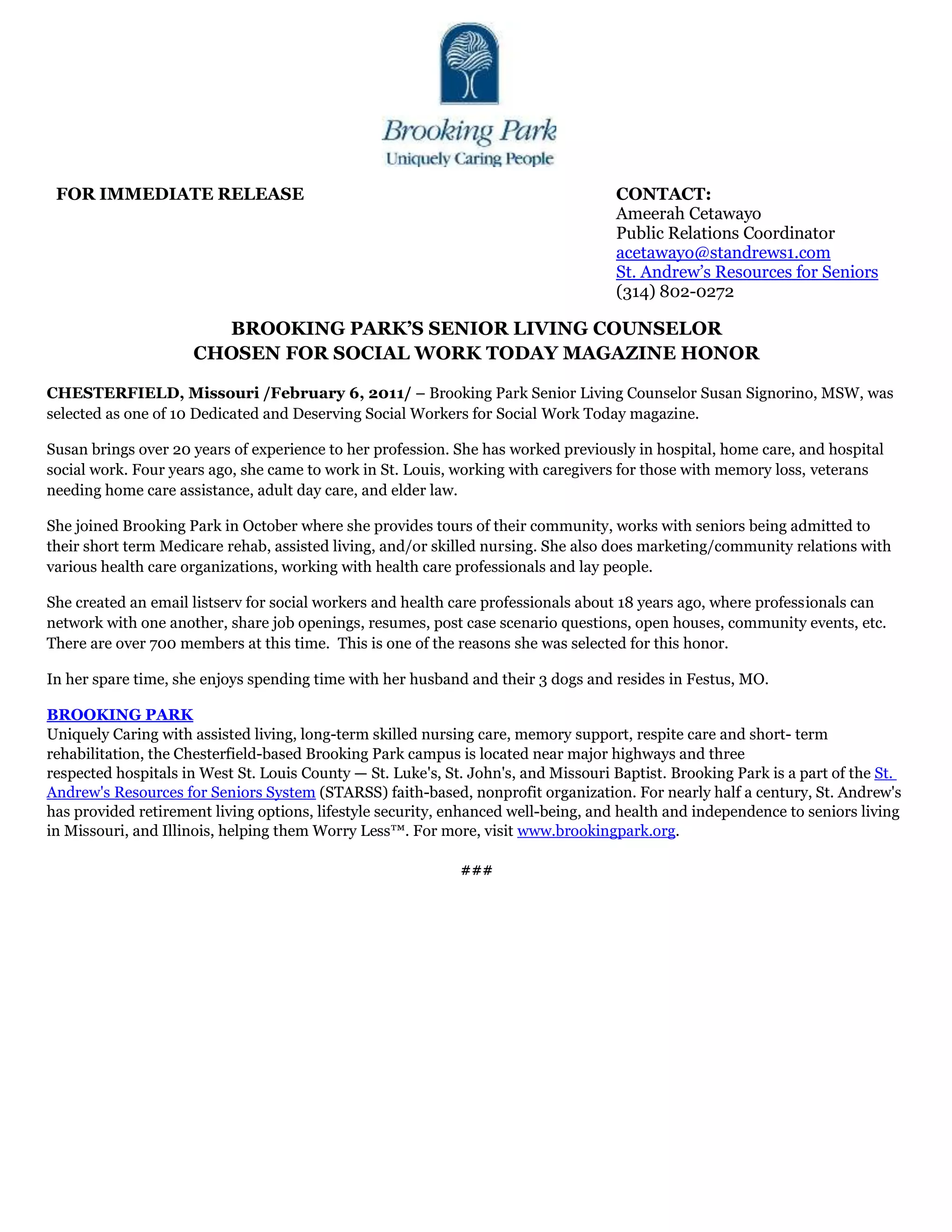 Brooking park senior living counselor chosen for social work today