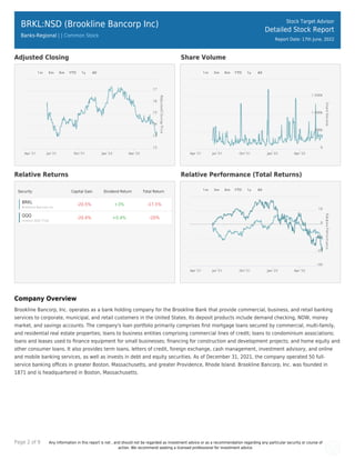 Page 2 of 9 Any information in this report is not , and should not be regarded as investment advice or as a recommendation regarding any particular security or course of
action. We recommend seeking a licensed professional for investment advice.
BRKL:NSD (Brookline Bancorp Inc)
Banks-Regional | | Common Stock
Stock Target Advisor
Detailed Stock Report
Report Date: 17th June, 2022
Adjusted Closing Share Volume
Relative Returns Relative Performance (Total Returns)
Security Capital Gain Dividend Return Total Return
BRKL
Brookline Bancorp Inc
-20.5% +3% -17.5%
QQQ
Invesco QQQ Trust
-20.4% +0.4% -20%
Company Overview
Brookline Bancorp, Inc. operates as a bank holding company for the Brookline Bank that provide commercial, business, and retail banking
services to corporate, municipal, and retail customers in the United States. Its deposit products include demand checking, NOW, money
market, and savings accounts. The company's loan portfolio primarily comprises ﬁrst mortgage loans secured by commercial, multi-family,
and residential real estate properties; loans to business entities comprising commercial lines of credit; loans to condominium associations;
loans and leases used to ﬁnance equipment for small businesses; ﬁnancing for construction and development projects; and home equity and
other consumer loans. It also provides term loans, letters of credit, foreign exchange, cash management, investment advisory, and online
and mobile banking services, as well as invests in debt and equity securities. As of December 31, 2021, the company operated 50 full-
service banking oﬃces in greater Boston, Massachusetts, and greater Providence, Rhode Island. Brookline Bancorp, Inc. was founded in
1871 and is headquartered in Boston, Massachusetts.
 