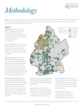 3Q 2016
BROOKLYN CORCORAN REPORT
Methodology
Metrics
Closed Sales figures for the current
quarter are based on known closings
recorded at the time the report is
prepared and projected through the end
of the quarter taking into account typical
seasonality and public
reporting timing.
Contracts Signed figures for the current
quarter are based on reported signed
contracts at the time the report is
prepared and projected through the end
of the quarter taking into account typical
seasonality.
Days on market averages how long a
unit takes to sell and is calculated by
subtracting contract date from list date.
Units on the market longer than three
years and shorter than one day are
considered outliers and removed from
the data to prevent significant skewing.
New developments are excluded because
many available, unsold units are held off
the market for long periods of time.
Average Price per Square Foot is the
average price divided by the average
square footage. In prior Corcoran Reports
this was calculated as an average of all
prices per square foot, which gives a
number less skewed by high price sales
and more similar to a median price per
square foot. The two metrics are now
separated to give more insight to market
dynamics.
Median Price and Price per Square Foot
are the middle or midpoint price where
half of sales fall below and half fall above
this number.
Inventory is a count of all currently
listed units and is measured two weeks
before the end of the quarter. It does not
include unsold yet unlisted units in new
developments (“shadow” inventory).
Source – Sales counts and figures in this report are based on publicly reported closed sales information via The Automated
City Register Information System (ACRIS) and compiled using PropertyShark, an independent research firm, as well as
from Corcoran’s proprietary listings database.
Real estate agents affiliated with The Corcoran Group are independent contractors and are not employees of The Corcoran Group. The Corcoran Group is a licensed real estate broker located at 660 Madison Ave, NY, NY 10065. All material presented
herein is intended for information purposes only and has been compiled from sources deemed reliable. Though information is believed to be correct, it is presented subject to errors, omissions, changes or withdrawal notice
The Corcoran Group I p 28
Months of Supply is an estimate of how
long it would take to sell all currently listed
units based on the average closed sales
per month over the last twelve months.
Six to nine months is considered supply-
demand equilibrium.
Previous Quarter statistics for
sales and prices are revised in the
subsequent report once data is
available for the full quarter period.
Average unit sales
per square foot (SF):
	 Above 		 $2,500	 SF
	 $2,000	-	$2,500	 SF
	 $1,500	 - 	$2,000	 SF
	 $1,250 	- 	$1,500	 SF
	 $1,000 	- 	$1,250	 SF
	 $750 	 - 	$1,000	 SF
	 $500 	 - 	$750	 SF
	 Below 		 $500	 SF
	 No SF Available
Number of unit sales
per building:
	 Above	20	Units
	 10 	to 	20	Units
	 3 	 to 	9 	 Units
	 1 	 to 	2 	 Units
 