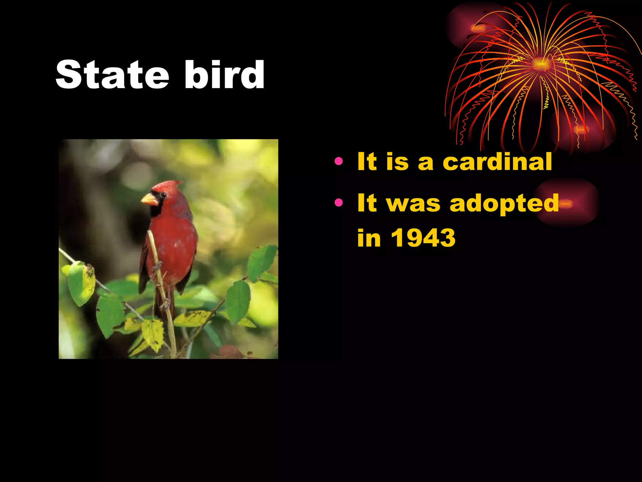 State bird It is a cardinal It was adopted in 1943  