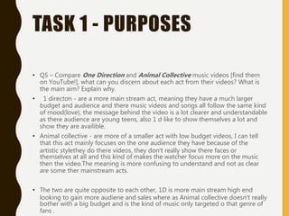 TASK 1 - PURPOSES
• Q5 – Compare One Direction and Animal Collective music videos [find them
on YouTube!], what can you discern about each act from their videos? What is
the main aim? Explain why.
• 1 directon - are a more main stream act, meaning they have a much larger
budget and audience and there music videos and songs all follow the same kind
of mood(love), the message behind the video is a lot clearer and understandable
as there audience are young teens, also 1 d like to show themselves a lot and
show they are availible.
• Animal collective - are more of a smaller act with low budget videos, I can tell
that this act mainly focuses on the one audience they have because of the
artistic stylethey do there videos, they don’t really show there faces or
themselves at all and this kind of makes the watcher focus more on the music
then the video.The meaning is more confusing to understand and not as clear
are some ther mainstream acts.
• The two are quite opposite to each other, 1D is more main stream high end
looking to gain more audiene and sales where as Animal collective doesn’t really
bother with a big budget and is the kind of music only targeted o that genre of
fans .
 