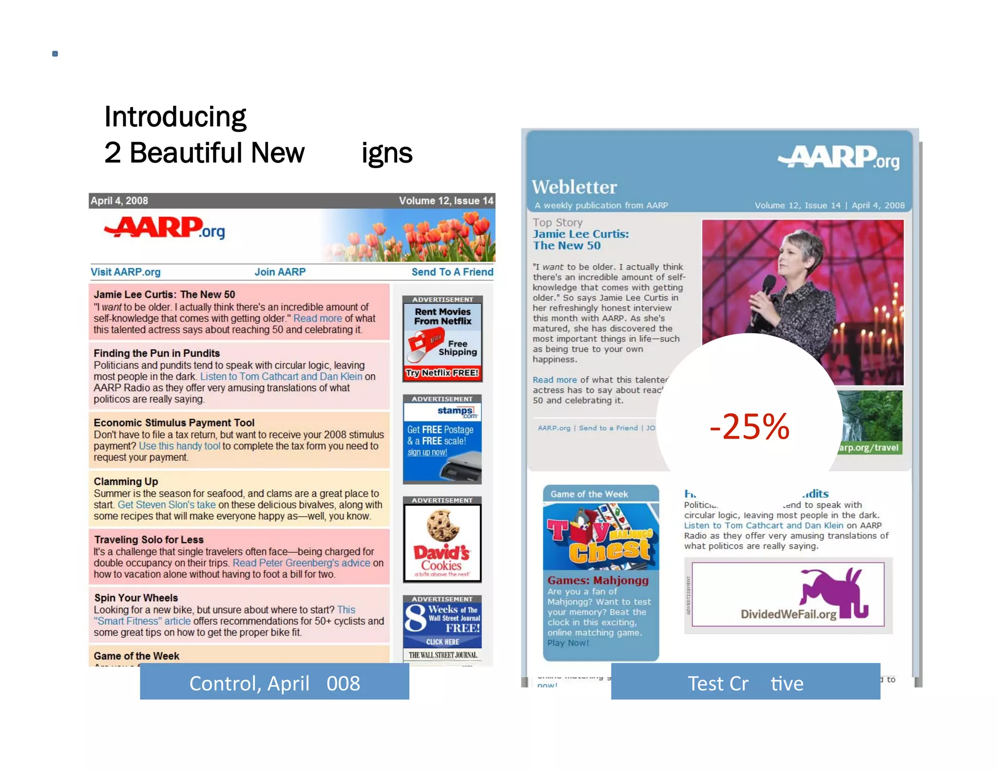 Introducing
2 Beautiful New          igns




                                  ‐25% 
                                  ‐2 % 




      Control, April  008       Test Cr 4ve 
 