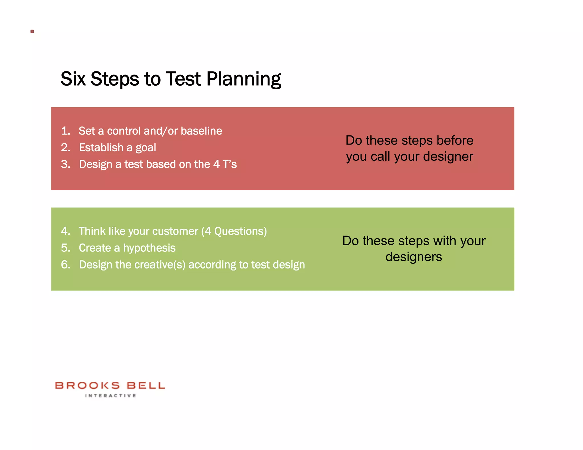 Six Steps to Test Planning

1.  Set a control and/or baseline
2.  Establish a goal
                                                      Do these steps before
                                                      you call your designer
3.  Design a test based on the 4 T’s




4.  Think like your customer (4 Questions)
5.  Create a hypothesis
                                                      Do these steps with your
                                                             designers
6.  Design the creative(s) according to test design
 