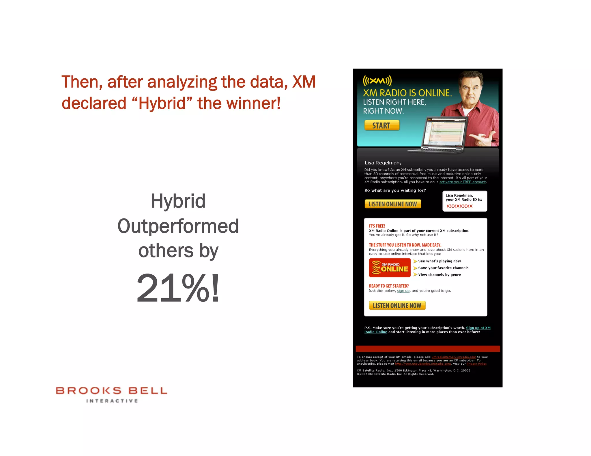 Then, after analyzing the data, XM
declared “Hybrid” the winner!




          Hybrid
       Outperformed
         others by

         21%!
 