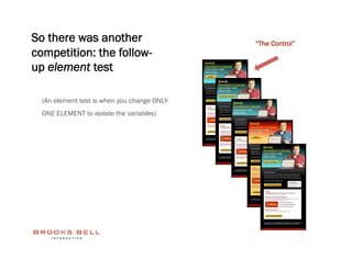 So there was another                         “The Control”
competition: the follow-
up element test

  (An element test is when you change ONLY
  ONE ELEMENT to isolate the variables)
 