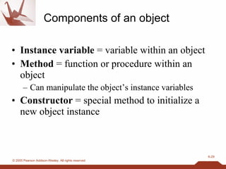 Components of an object Instance variable  = variable within an object Method  = function or procedure within an object Can manipulate the object’s instance variables Constructor  = special method to initialize a new object instance 