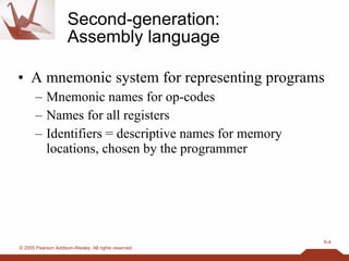 Second-generation: Assembly language A mnemonic system for representing programs Mnemonic names for op-codes Names for all registers Identifiers = descriptive names for memory locations, chosen by the programmer 