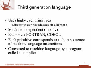 Third generation language Uses high-level primitives Similar to our pseudocode in Chapter 5 Machine independent (mostly) Examples: FORTRAN, COBOL Each primitive corresponds to a short sequence of machine language instructions Converted to machine language by a program called a compiler 