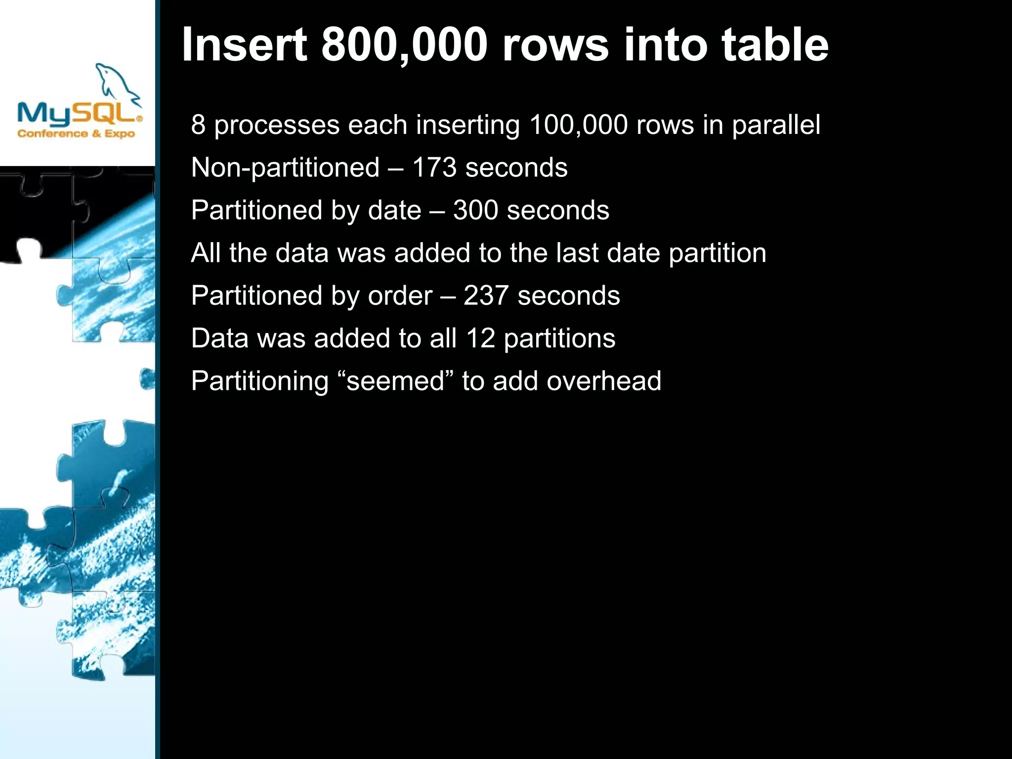Sum Month with Order Partitions mysql>  explain partitions select sum(purchaseCost) from SaleOPO ->  where purchaseDate >= '2001-12-01' ->  and purchaseDate <  '2002-01-01' \G *************************** 1. row *************************** id: 1 select_type: SIMPLE table: SaleOPO partitions: p0,p1,p2,p3,p4,p5,p6,p7,p8,p9,p10,p11 type: range possible_keys: idx_sale_purchasedate key: idx_sale_purchasedate key_len: 8 ref: NULL rows: 13863552 Extra: Using where 1 row in set (0.00 sec) Takes 39 seconds to run 