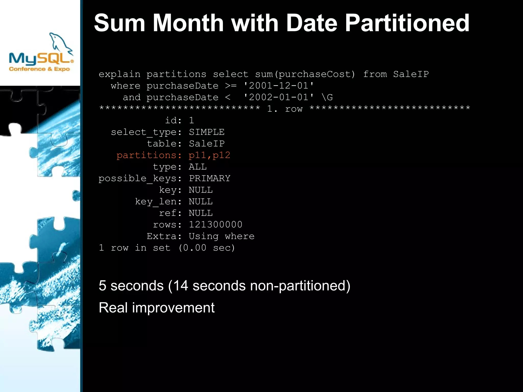 Select orders 10,000 times explain partitions select unit from SaleP where orderId = 1 \G *************************** 1. row *************************** id: 1 select_type: SIMPLE table: SaleP partitions: p0,p1,p2,p3,p4,p5,p6,p7,p8,p9,p10,p11,p12 type: ref possible_keys: idx_sale_order,idx_SaleP_orderId key: idx_sale_order key_len: 4 ref: const rows: 13 Extra: 1 row in set (0.17 sec) 139 seconds for the data partitioned table 