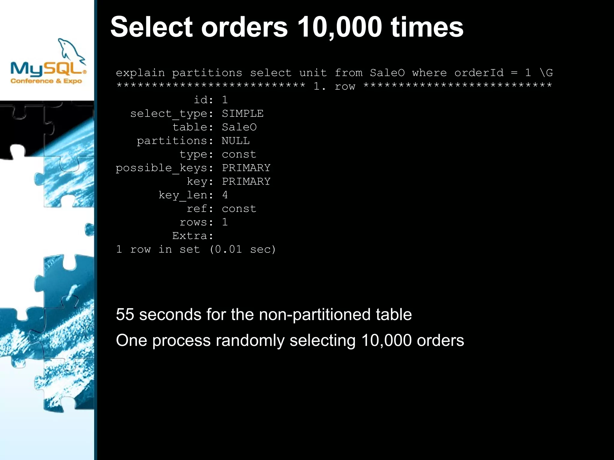 Partitioning by Date (Month) CREATE TABLE  `test`.`SaleP` ( `orderId` int(11) NOT NULL, `customerId` int(11) NOT NULL, `productId` int(11) NOT NULL, `productBigId` int(11) NOT NULL, `unit` int(11) NOT NULL, `purchaseAmount` decimal(16,2) NOT NULL, `purchaseCost` decimal(16,2) NOT NULL, `purchaseDate` datetime NOT NULL, PRIMARY KEY (`purchaseDate`,`orderId`), KEY `idx_sale_product` (`productId`), KEY `idx_sale_order` (`orderId`), KEY `idx_SaleP_orderId` (`orderId`) ) ENGINE=InnoDB DEFAULT CHARSET=utf8 PARTITION BY RANGE (to_days(purchaseDate)) (PARTITION p0 VALUES LESS THAN (730882) ENGINE = InnoDB, PARTITION p1 VALUES LESS THAN (730910) ENGINE = InnoDB, PARTITION p2 VALUES LESS THAN (730941) ENGINE = InnoDB, PARTITION p3 VALUES LESS THAN (730971) ENGINE = InnoDB, PARTITION p4 VALUES LESS THAN (731002) ENGINE = InnoDB, PARTITION p5 VALUES LESS THAN (731032) ENGINE = InnoDB, PARTITION p6 VALUES LESS THAN (731063) ENGINE = InnoDB, PARTITION p7 VALUES LESS THAN (731094) ENGINE = InnoDB, PARTITION p8 VALUES LESS THAN (731124) ENGINE = InnoDB, PARTITION p9 VALUES LESS THAN (731155) ENGINE = InnoDB, PARTITION p10 VALUES LESS THAN (731185) ENGINE = InnoDB, PARTITION p11 VALUES LESS THAN (731216) ENGINE = InnoDB, PARTITION p12 VALUES LESS THAN MAXVALUE ENGINE = InnoDB)  