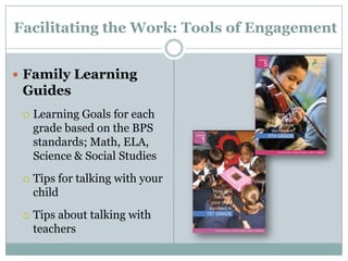Provides clear engagement opportunities for families, students and the community Boston Context: Organizing the Work