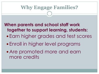 Why Engage Families?When parents and school staff work together to support learning, students:Earn higher grades and test scoresEnroll in higher level programsAre promoted more and earn more credits