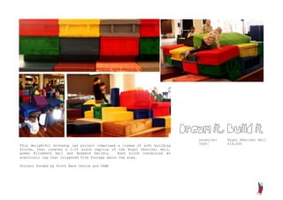 Dream it, Build it
                                                                               Location:   Royal Festival Hall
                                                                               Cost:       £18,000
This delightful workshop led project comprised a jigsaw of soft building
blocks, that created a 1:25 scale replica of the Royal Festival Hall,
Queen Elizabeth Hall and Hayward Gallery.       Each block containing an
electronic tag that triggered film footage about the area.

Project funded by South Bank Centre and CABE
 