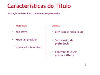 Características do Título 
Proteção ao investidor, controle ao empreendedor 
INVESTIDOR: 
• Tag along 
• Key-man provision 
• Informações trimestrais 
EMPRESA: 
20 
• Sem voto e raros vetos 
• Sem direito de 
preferência 
• Controle de quem 
acessa a Oferta 
 