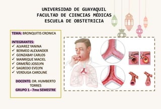 UNIVERSIDAD DE GUAYAQUIL
FACULTAD DE CIENCIAS MÉDICAS
ESCUELA DE OBSTETRICIA
TEMA: BRONQUITIS CRONICA
INTEGRANTES:
 ALVAREZ YANINA
 BERMEO ALEXANDER
 GONZABAY CARLOS
 MANRIQUE MACIEL
 ORMEÑO JOSELYN
 SAGREDO EVELYN
 VERDUGA CAROLINE
DOCENTE: DR. HUMBERTO
TORRES
GRUPO 1 - 7mo SEMESTRE
 