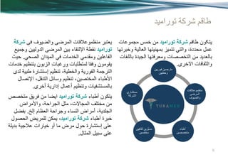 ‫طاقم شركة توراميد‬
‫يتکون طاقم شركة تورامید من خمس مجموعات يعتبر منظموعالقات المرضى والضيوف فی شرکة‬
‫عمل محددة، والتي تتميز بمهنيتها العالية وخبرتها تورامید نقطة اإللتقاء بين المرضى الدوليين وجميع‬
‫بالعديد من التخصصات ومعرفتها الجيدة باللغات الفاعلين ومقدمي الخدمات في الميدان الصحي. حيث‬
‫والثقافات االخری.‬
‫يقومون وفقا لمتطلبات ورغبات الزبون بتنظيم خدمات‬
‫الترجمة الفورية والخطية، تنظيم إستشارة طبية لدى‬
‫األطباء المختصين، تنظيم وسائل التنقل، اإلتصال‬
‫بالمستشفيات وتنظيم أعمال إدارية أخرى.‬
‫يتكون أطباء شركة تورامید ايضا من فريق متخصص‬
‫من مختلف المجاالت، مثل الجراحة، واألمراض‬
‫الجلدية، أمراض النساء وجراحة العظام إلخ. بفضل‬
‫خبرة أطباء شركة تورامید، يمكن للمريض الحصول‬
‫على إستشارة حول مرض ما أو خيارات عالجية بديلة‬
‫على سبيل المثال.‬
‫6‬

 