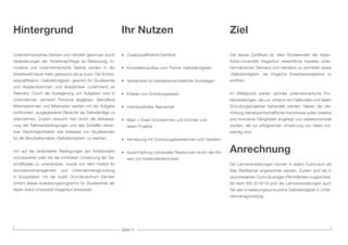 Seite 3
Hintergrund
Unternehmerisches Denken und Handeln gewinnen durch
Veränderungen der Arbeitsnachfrage an Bedeutung. In-
novative und unternehmerische Talente werden in der
Arbeitswelt heute mehr gebraucht als je zuvor. Die Schlüs-
selqualifikation »Selbständigkeit« gewinnt für Studierende
und Akademikerinnen und Akademiker zunehmend an
Relevanz. Durch die Auslagerung von Aufgaben wird in
Unternehmen vermehrt Personal abgebaut. Betroffene
Mitarbeiterinnen und Mitarbeiter werden mit der Aufgabe
konfrontiert, ausgegliederte Bereiche als Selbständige zu
übernehmen. Zudem versucht man durch die Verbesse-
rung der Rahmenbedingungen und das Schaffen attrak-
tiver Startmöglichkeiten das Interesse von Studierenden
für die Berufsalternative »Selbständigkeit« zu wecken.
Um auf die veränderten Bedingungen am Arbeitsmarkt
vorzubereiten oder bei der konkreten Umsetzung der Ge-
schäftsidee zu unterstützen, wurde von dem Institut für
Innovationsmanagement und Unternehmensgründung
in Kooperation mit der build! Gründerzentrum Kärnten
GmbH dieses Ausbildungsprogramm für Studierende der
Alpen-Adria-Universität Klagenfurt entwickelt.
Ihr Nutzen
• 	 Zusatzqualifikation/Zertifikat
• 	 Kompetenzaufbau zum Thema »Selbständigkeit«
• 	 Verständnis für betriebswirtschaftliche Grundlagen
• 	 Erleben von Gründungspraxis
• 	 Interdisziplinäre Teamarbeit
• 	 Meet + Greet Gründerinnen und Gründer und 	
	 deren Projekte
•	 Vernetzung mit Gründungsberaterinnen und -beratern
• 	 Ausschöpfung individueller Ressourcen durch den Ein-	
	 satz von Kreativitätstechniken
Ziel
Ziel dieses Zertifikats ist, allen Studierenden der Alpen-
Adria-Universität Klagenfurt wesentliche Aspekte unter-
nehmerischen Denkens und Handelns zu vermitteln sowie
»Selbständigkeit« als mögliche Erwerbsperspektive zu
eröffnen.
Im Mittelpunkt stehen zentrale unternehmerische Pro-
blemstellungen, die u.a. anhand von Fallstudien und realen
Gründungsprojekten behandelt werden. Neben der Ver-
mittlung betriebswirtschaftlicher Kenntnisse sollen kreative
und innovative Fähigkeiten angeregt und weiterentwickelt
werden, die zur erfolgreichen Umsetzung von Ideen not-
wendig sind.
Anrechnung
Die Lehrveranstaltungen können in jedem Curriculum als
freie Wahlfächer angerechnet werden. Zudem sind sie in
verschiedenen Curricula einigen Pflichtfächern zugeordnet.
Ab dem WS 2018/19 sind die Lehrveranstaltungen auch
Teil des Erweiterungscurriculums Selbständigkeit & Unter-
nehmensgründung.
 