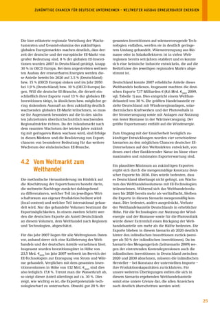 ZUKÜNFTIGE	CHANCEN	FÜR	DEUTSCHE	UNTERNEHMEN	–	WELTWEITER	AUSBAU	ERNEUERBARER	ENERGIEN	




Die hier erläuterte regionale Verteilung der Wachs-     gesamten Investitionen auf wärmeerzeugende Tech-
tumsraten und Gesamtvolumina des zukünftigen            nologien entfallen, werden sie in deutlich geringe-
globalen Energiemarktes machen deutlich, dass der-      rem Umfang gehandelt. Wärmeerzeugung aus Bio-
zeit der deutsche und der europäische EE-Markt von      masse oder in Solarkollektoren ist in vielen Welt-
großer Bedeutung sind. 8 % der globalen EE-Investi-     regionen bereits seit Jahren etabliert und es konnte
tionen wurden 2007 in Deutschland getätigt, knapp       sich eine heimische Industrie entwickeln, die auf die
30 % in OECD Europa. Bei dem angestrebten weltwei-      Bedürfnisse des jeweiligen regionalen Markts abge-
ten Ausbau der erneuerbaren Energien werden die-        stimmt ist.
se Anteile bereits bis 2020 auf 3,5 % (Deutschland)
bzw. 15 % (OECD Europa) sinken und im Jahr 2050         Deutschland konnte 2007 erhebliche Anteile dieses
bei 1,9 % (Deutschland) bzw. 10 % (OECD Europa) lie-    Welthandels bedienen. Insgesamt machten die deut-
gen. Will die deutsche EE-Branche, die derzeit ein-     schen Exporte 7,17 Milliarden € (8,6 Mrd. €2005 2009,
schließlich ihrer Exporte rund 13 % der globalen EE-    vgl. Tabelle 1) aus. Dies entspricht einem Welthan-
Investitionen tätigt, in ähnlichem bzw. möglichst ge-   delsanteil von 30 %. Die größten Handelsanteile er-
ring sinkendem Ausmaß an dem zukünftig deutlich         zielte Deutschland mit Windenergieanlagen, solar-
wachsenden globalen EE-Markt teilnehmen, so muss        thermischen Kraftwerken und der Photovoltaik in
sie ihr Augenmerk besonders auf die in den nächs-       der Stromerzeugung sowie mit Anlagen zur Nutzung
ten Jahrzehnten überdurchschnittlich wachsenden         von fester Biomasse in der Wärmeerzeugung. Der
Regionalmärkte richten. Da der Inlandsmarkt nach        größte Exportumsatz entfällt auf die Windenergie.
dem rasanten Wachstum der letzten Jahre zukünf-
tig mit geringeren Raten wachsen wird, sind Erfolge     Zum Umgang mit der Unsicherheit bezüglich zu-
in diesen Märkten und die Realisierung von Export-      künftiger Entwicklungen wurden vier verschiedene
chancen von besonderer Bedeutung für das weitere        Szenarien zu den möglichen Chancen deutscher EE-
Wachstum der einheimischen EE-Branche.                  Unternehmen auf den Weltmärkten entwickelt, von
                                                        denen zwei eher flankierender Natur im Sinne einer
                                                        maximalen und minimalen Exporterwartung sind.
4.2 Vom Weltmarkt zum                                   Ein plausibles Minimum an zukünftigen Exporten
    Welthandel                                          ergibt sich durch die mengenmäßige Konstanz deut-
                                                        scher Exporte bis 2030. Dies würde bedeuten, dass
Die methodische Herausforderung im Hinblick auf         es Deutschland überhaupt nicht gelingt, am Wachs-
die Abschätzung der Exportchancen besteht darin,        tum des Welthandelsvolumens mit EE-Technologien
die weltweite Nachfrage zunächst dahingehend            teilzunehmen. Während sich das Welthandelsvolu-
zu differenzieren, welcher Teil im jeweiligen Wirt-     men bis 2020 bereits mehr als verfünffacht, bleiben
schaftsraum aus eigener Produktion bedient wird         die Exporte in diesem Szenario mengenmäßig kon-
(local content) und welcher Teil international gehan-   stant. Dies bedeutet, anders ausgedrückt, Verluste
delt wird. Nur das gehandelte Volumen bestimmt die      der Welthandelsanteile Deutschlands in erheblicher
Exportmöglichkeiten. In einem zweiten Schritt wer-      Höhe. Für die Technologien zur Nutzung der Wind-
den die deutschen Exporte als Anteil Deutschlands       energie und der Biomasse sowie für die Photovoltaik
an diesem Volumen, dem Welthandel nach Regionen         würde dieser Extremfall einen Rückgang der Welt-
und Technologien, abgeschätzt.                          handelsanteile um mehr als die Hälfte bedeuten. Die
                                                        Exporte blieben in diesem Szenario ab 2020 deutlich
Für das Jahr 2007 liegen für alle Weltregionen Daten    hinter den inländischen Investitionen zurück (weni-
vor, anhand derer sich eine Kalibrierung des Welt-      ger als 50 % der inländischen Investitionen). Da im
handels und der deutschen Anteile vornehmen lässt.      Szenario des Mengengerüsts (Leitszenario 2009) we-
Insgesamt wurden Investitionsgüter in Höhe von          gen der eintretenden Kostendegressionen auch die
23,5 Mrd. €2005 im Jahr 2007 weltweit im Bereich der    inländischen Investitionen in Deutschland zwischen
EE-Technologien zur Erzeugung von Strom und Wär-        2020 und 2030 abnehmen, müssten die inländischen
me gehandelt. Verglichen mit dem gesamten Inves-        Hersteller – bei Konstanz der unterstellten Importe –
titionsvolumen in Höhe von 132 Mrd. €2005 sind dies     ihre Produktionskapazitäten zurückfahren. Für
also lediglich 17,8 %. Trennt man die Wasserkraft ab,   unsere weiteren Überlegungen stellen die sich in
so steigt dieser Anteil allerdings auf ca. 30 %. Dies   diesem Szenario ergebenden Welthandelsanteile
zeigt, wie wichtig es ist, die Exportpotenziale tech-   somit eine untere Grenze dar, die allen Anzeichen
nologiescharf zu untersuchen. Obwohl gut 20 % der       nach deutlich überschritten werden wird.



                                                                                                                25
 